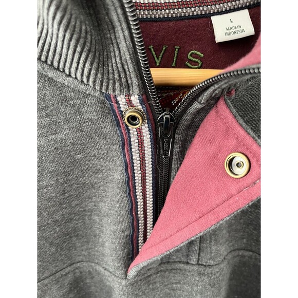 Orvis Mens Pullover Sweatshirt Gray 1/4 Zip & Snap Button Size Large Cotton Poly - Picture 2 of 5